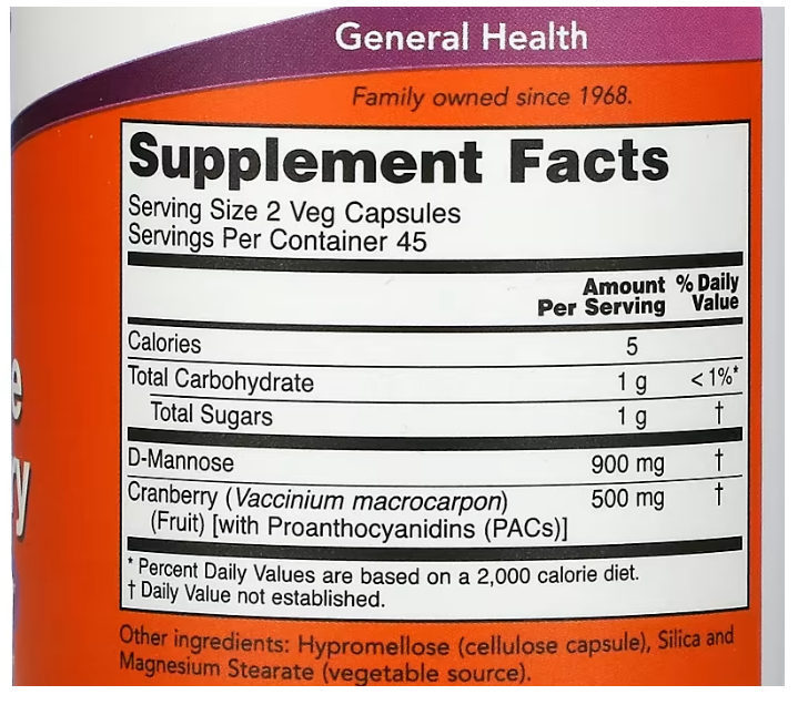 NOW Foods D-Mannose 900mg Cranberry 90 Caps UT Urinary Tract 900mg/500mg