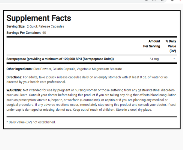 High Potency Serrapeptase 120,000 SPU/ 54 grams 2X120 Quick Release Caps