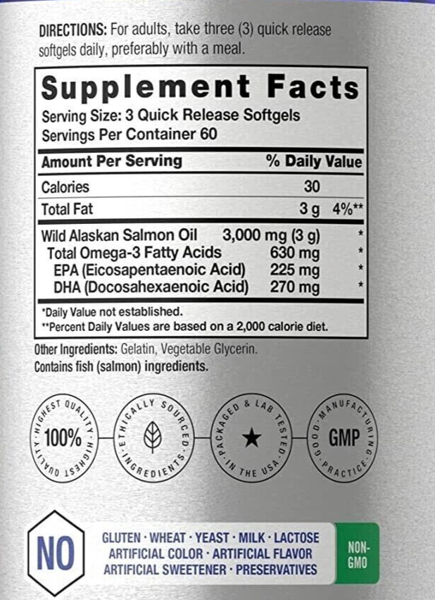 Omega-3 Wild Alaskan Salmon Fish Oil 3000mg 180gels- NO MERCURY - USA NON GMO