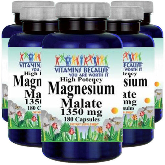 Magnesium Malate High Potency 1350mg 5x180 Caps Vitamins Because