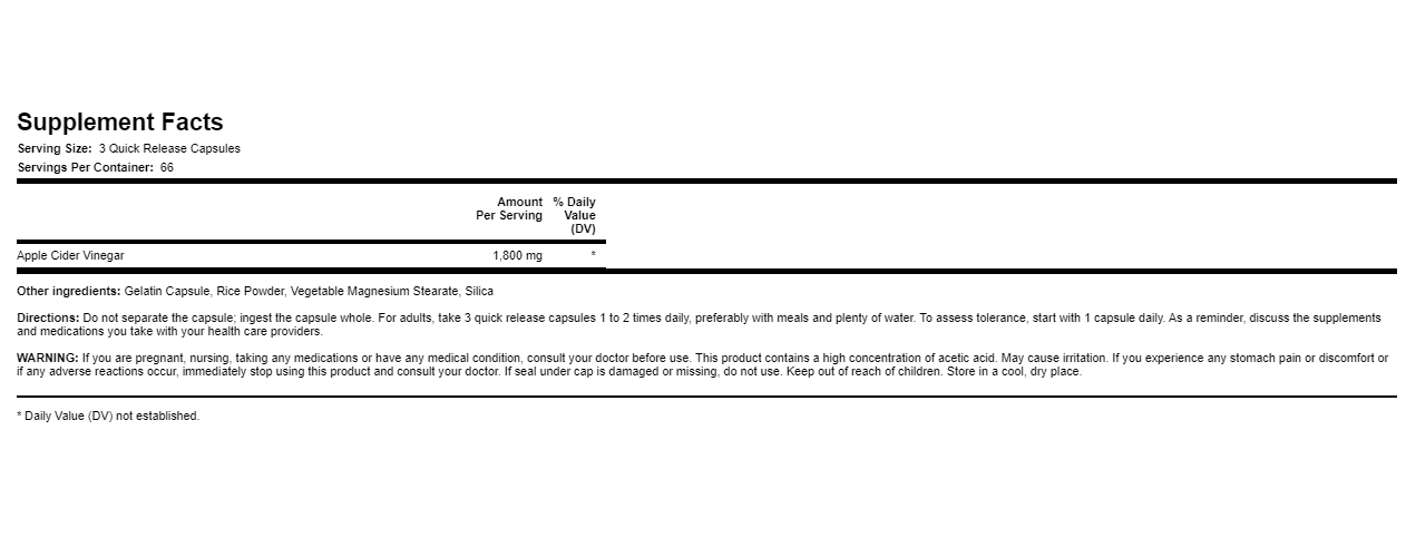 Mega Potency Apple Cider Vinegar, 1800mg (per serving), 200 Quick Release Caps