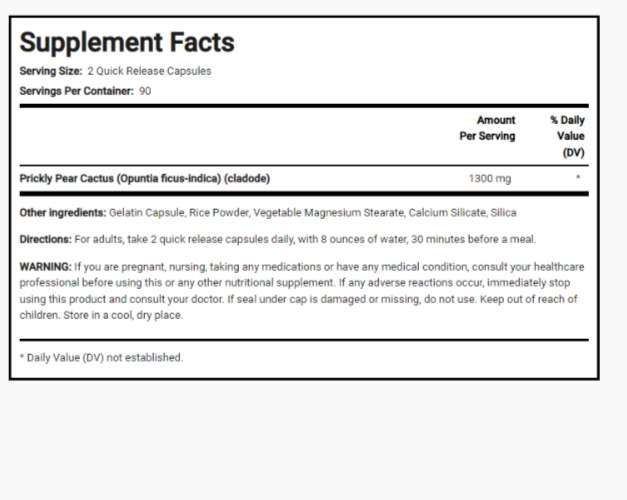 Prickly Pear Nopal Cactus (Opuntia ficus-indica), 650mg 180 Caps 1300mg per 2