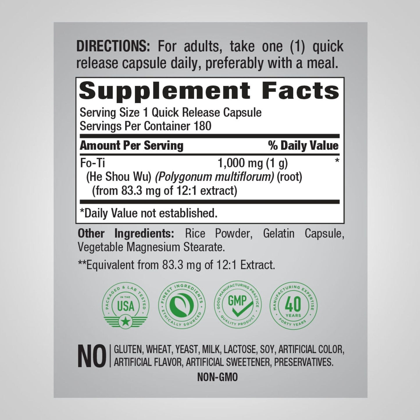 Piping FO-TI EXTRACT 1000mg He-Shou-Wu Root 2X180Caps Polygonum multiflor