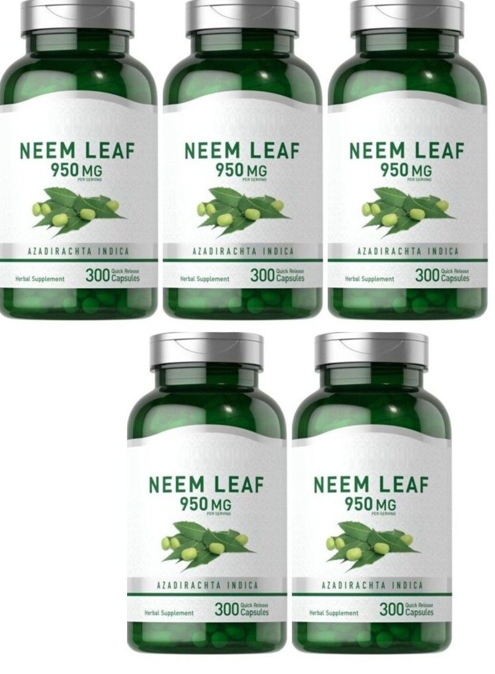 Neem Leaf Capsules 950mg 5X300 Caps Non-GMO/Gluten Free/No Preservatives Piping
