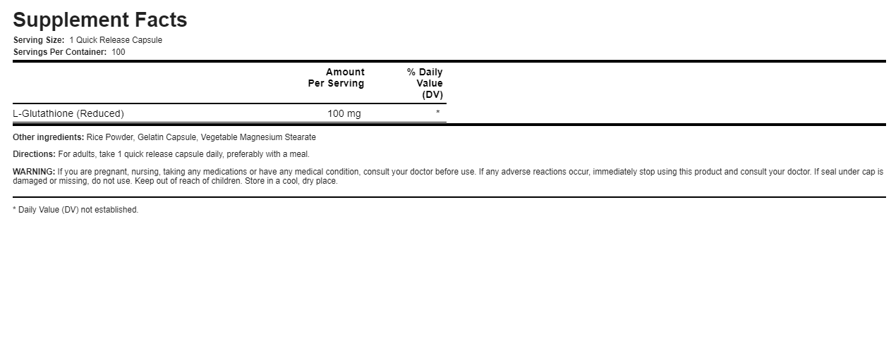 L-Glutathione 100mg 100 Caps Non GMO/Non Gluten