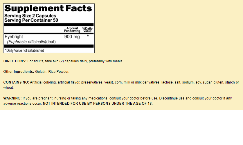Eyebright 900mg 100 Caps Euphrasia officinalis
