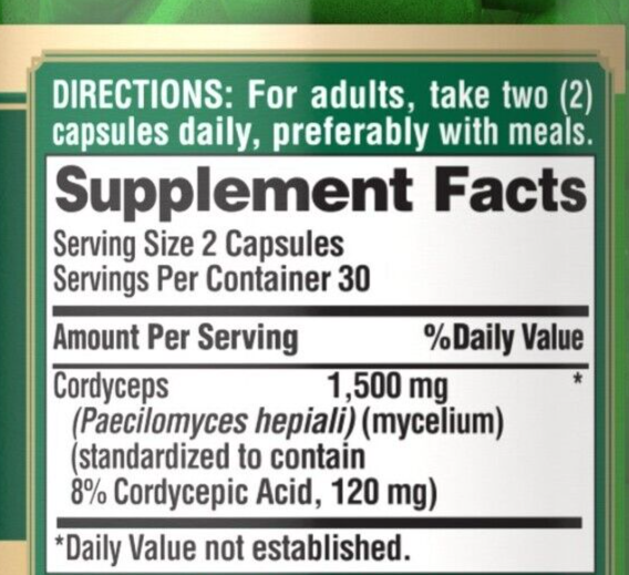 Cordyceps Sinensis Mushroom 1500mg per 2: 5X60 Caps - Cordycepic Acid