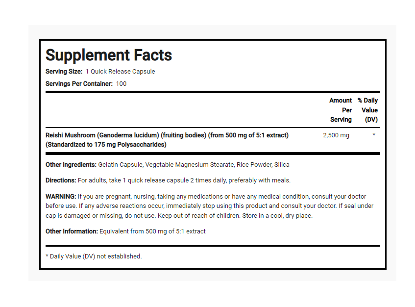Reishi Mushroom 2500mg 100 Caps Non-GMO/No Gluten Polysaccharides 175mg