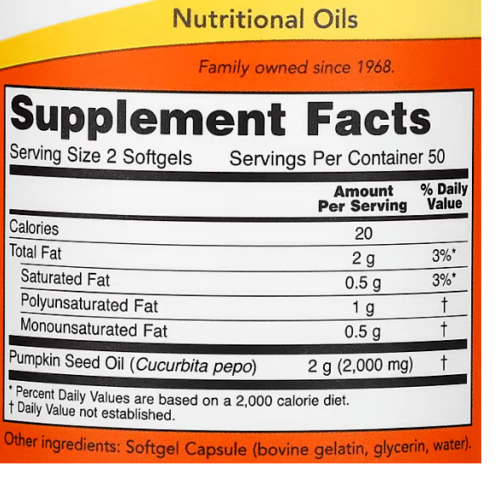 Pumpkin Seed Oil 1000mg Phytosterols 5X100gels Now Foods 2000mg per 2 Caps