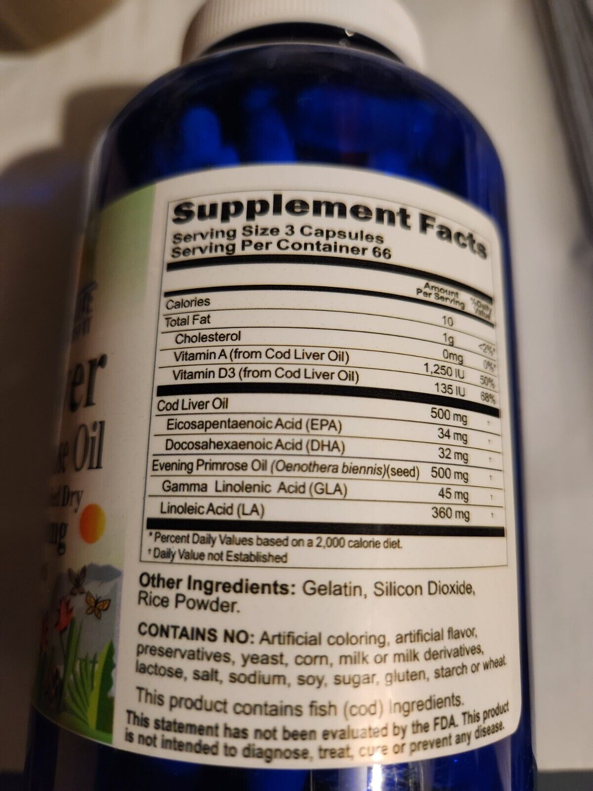 Cod Liver Oil Concentrate and Evening Primrose EPA/DHA/GLA Vitamin D3 200 Caps