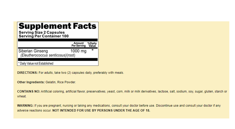 Siberian Ginseng 1000mg 3X200 Caps Eleutherococcus senticosus (root)