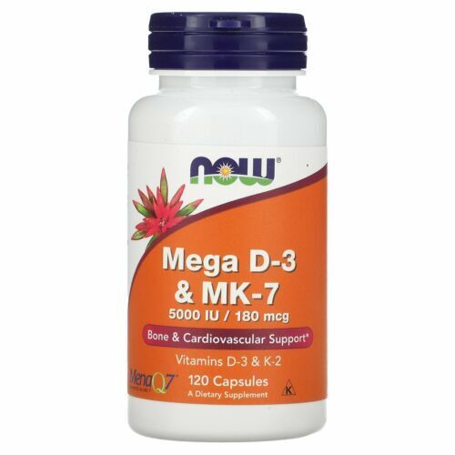 NOW Foods Mega D-3 Vitamin K2 180mcg Bone/Cardio Support Menaquinone-7 120Caps