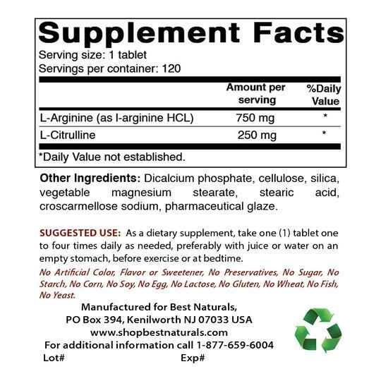 L-Arginine 750mg L-Citrulline 250mg Complex 1000mg 250 Tabs 1000mg per Tablet