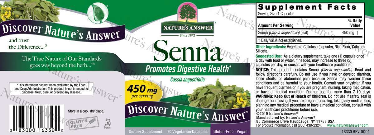 Senna Leaf 450mg Holistic 90 Veg Caps Nature's Answer 1800mg per 4Caps Kosher