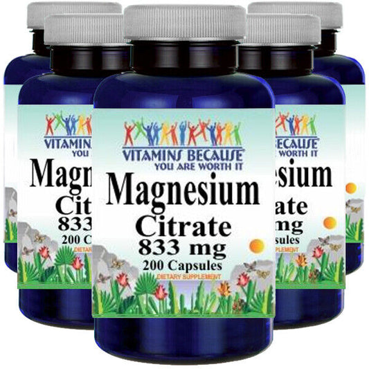 Magnesium Citrate 833mg 5X200 Caps - Made US/USDA Facility - Vitamins Because