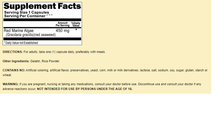 Red Marine Algae 450mg 3X200Caps Non-GMO & Gluten Free Red Seaweed 900mg per 2