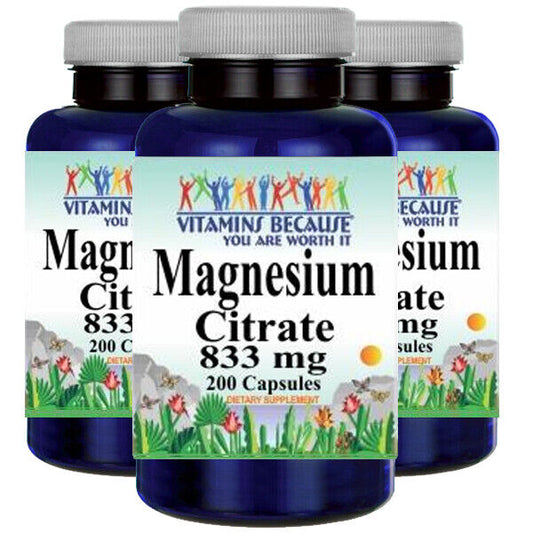 Magnesium Citrate 833mg 3X200 Caps - Made US/USDA Facility - Vitamins Because