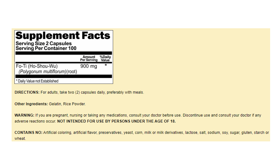 Fo-Ti Foti 900mg 200 Capsules Ho-Shou-Wu Polygonum Multiforum Root