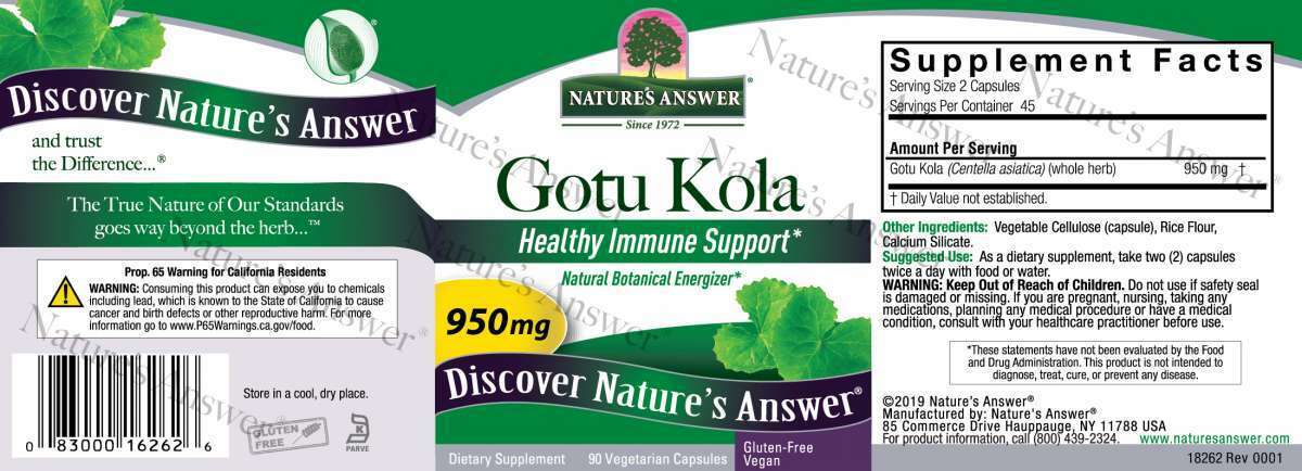Gotu Kola 950mg 90 Vegetarian Capsules Nature's Answer Kosher Pennywort