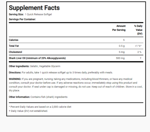 Ultra Shark Liver Oil 500mg 2X100 or 1x200 Alkylglycerols