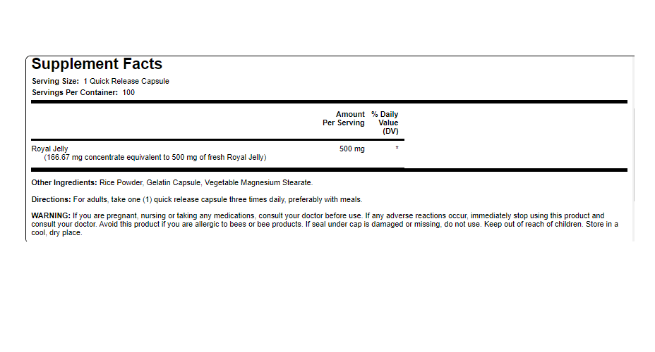 Royal Jelly 500 mg 100 Caps Supreme High Potency Mixture of pollen, honey