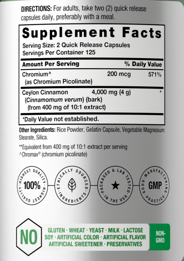 Ceylon Cinnamon 4000mg 250 Caps Non-GMO/Gluten Free + Chromium Picolinate 200mcg
