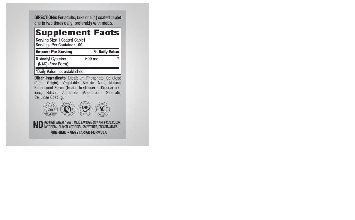 N-Acetyl Cysteine (NAC) 600 mg 100 Caps Converted by Body to Glutathione NON GMO