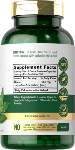 Neem Leaf Capsules 950mg 5X300 Caps Non-GMO/Gluten Free/No Preservatives Piping