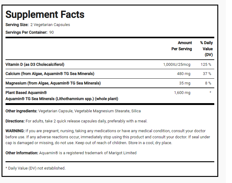 Red Mineral Algae 1800mg Aquamin Plant Based Vegan Calcium Magneisum/Vitamin D3