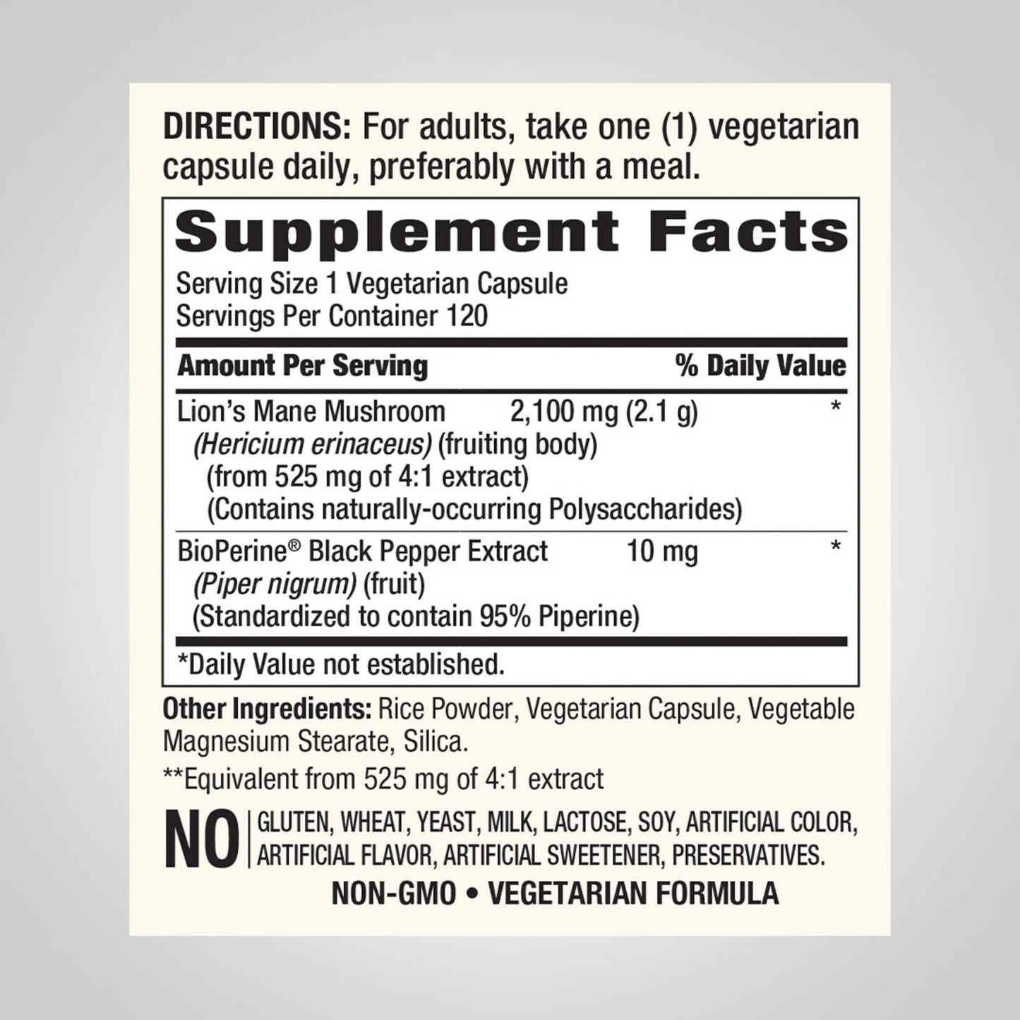 Lion's Mane Mushroom 2100mg per Capsule- 120 Caps (Hericium erinaceus) non GMO