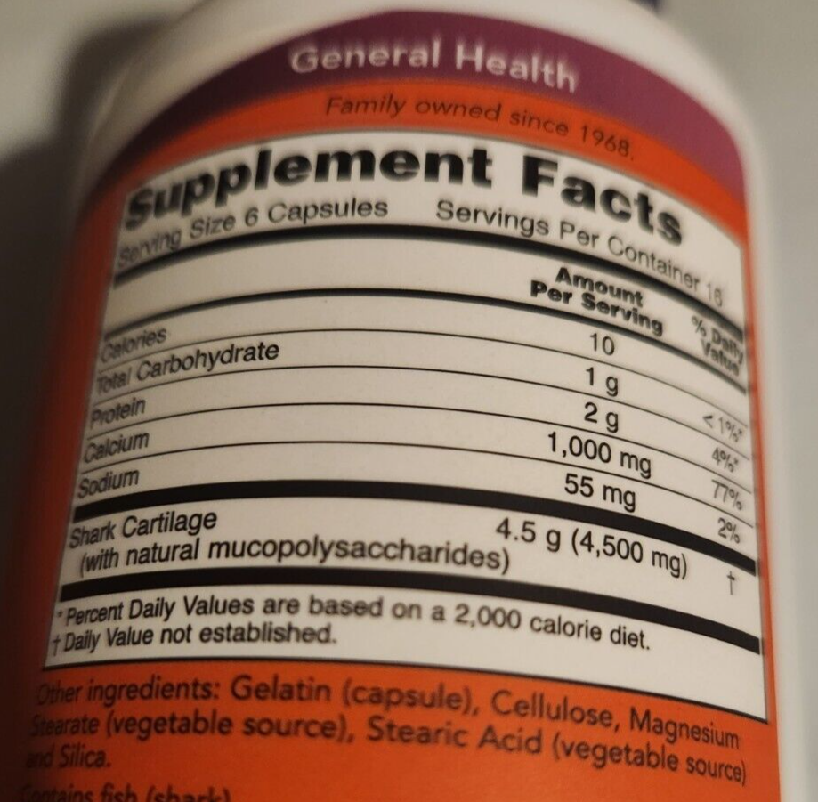 Shark Cartilage 750mg 100Capsules USA Now Foods Naturally occurr Mucopolysacchar