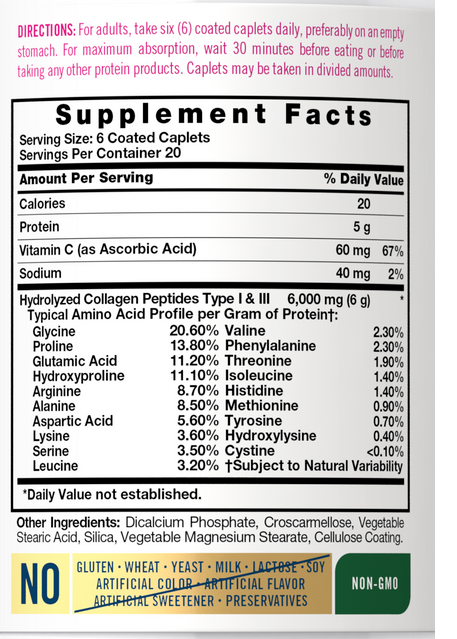 Collagen Peptides 6000mg 120 Caplets Type 1 & 3, Vitamin C/Amino Acid/Arginine