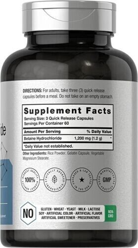 Betaine HCl 1200mg 180 Caps Betaine Hydrochloride Non GMO/No Gluten