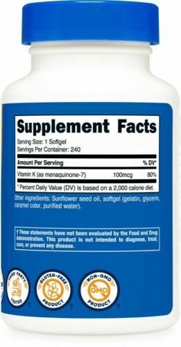 Vitamin K2 MK-7 100 mcg, 2X240 gels Gluten Free/Non-GMO Nutricost Menaquinone-7
