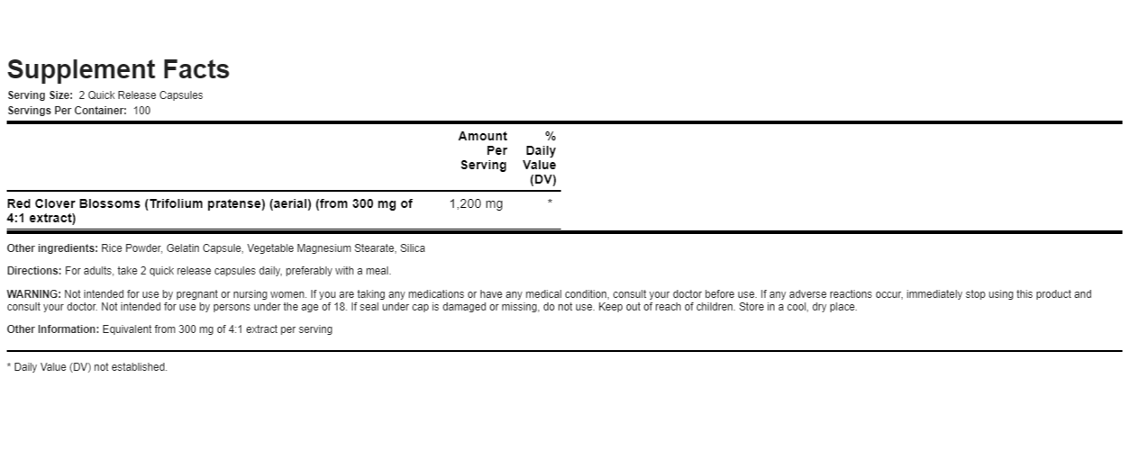 Red Clover 1200mg 200 Caps Non GMO/No Preservatives/No Gluten