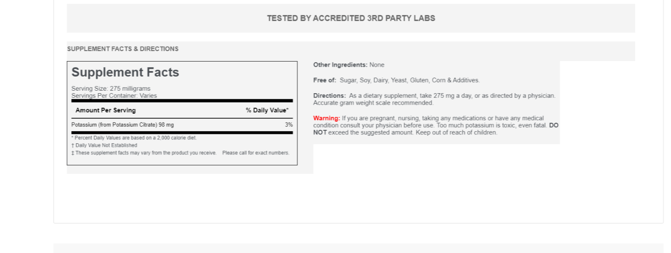 Potassium Citrate 1000mg Bulk 100 servings 100gram Bag Muscle/Metabolism/Energy