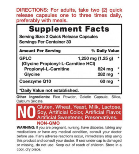 GPLC 1250 mg 60 Caps Non-GMO, Gluten Free Glycine Propionyl-L-Carnitine/CoQ10