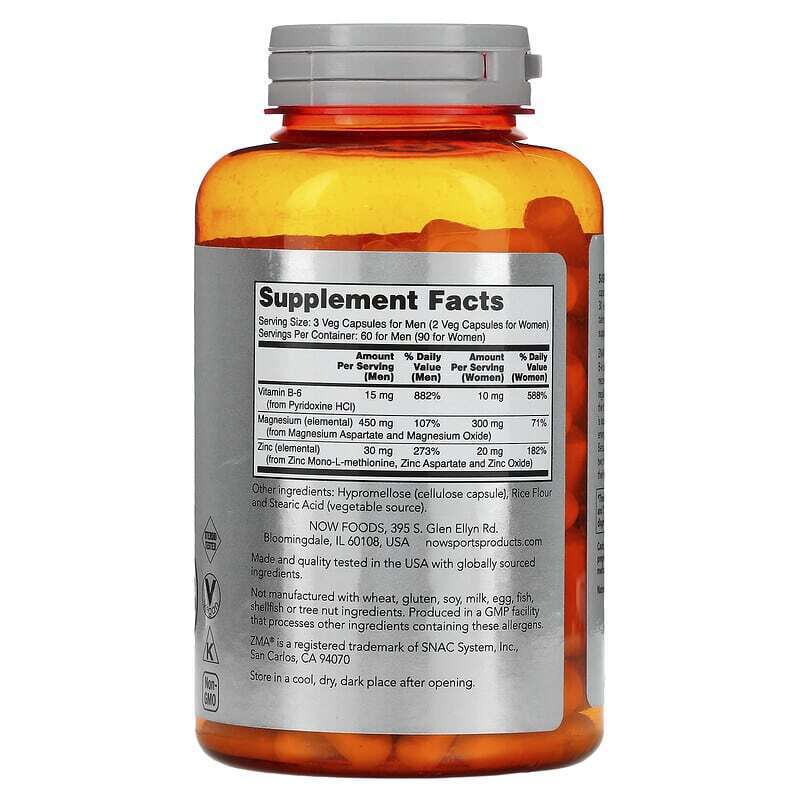 NOW Sports ZMA 800mg Zinc Magnesium Vitamin B6 180 caps Kosher