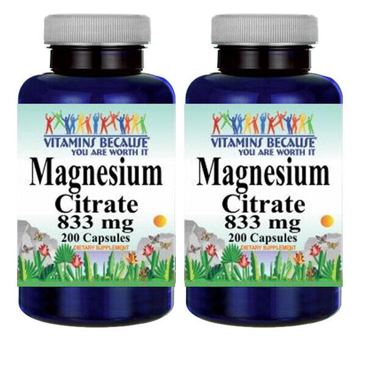 Magnesium Citrate 833mg 2X200 Caps - Made US/USDA Facility - Vitamins Because