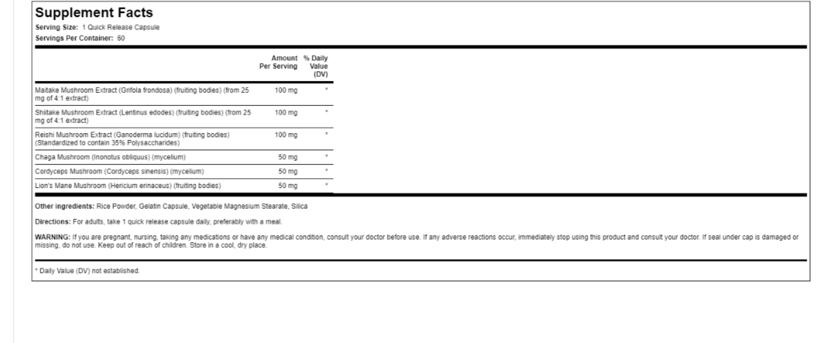 Super 6-Mushroom Complex 60 Caps Lions Mane Cordyceps Shiitake Reishi Chaga