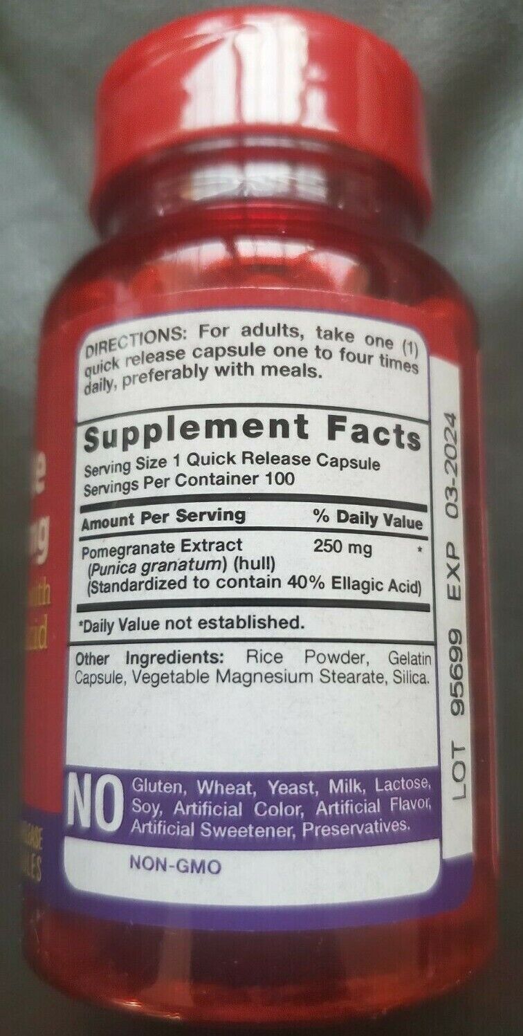 Pomegranate Extract 250mg 100 Caps Ellagic Acid 40% No Gluten/NON GMO