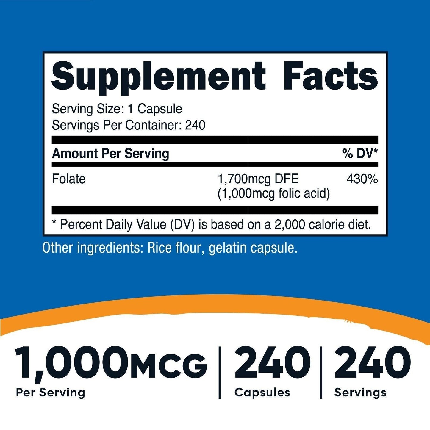 Folic Acid 1000 mcg 240 Caps Gluten Free/Non-GMO Folate 1700mcg Nutricost