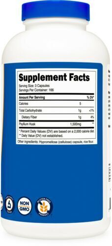 Psyllium Husk 1500mg Per Serving 3X500 Caps Fiber/Non-GMO/Gluten Free Nutricost