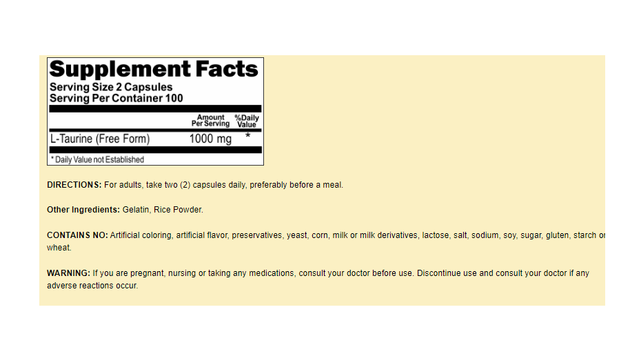 L-Taurine 1000mg Amino Acid 200 Caps Free Form