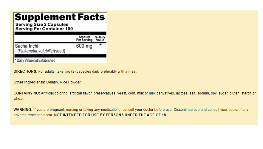 Sacha Inchi 600mg 200 Caps Plukenetia volbills