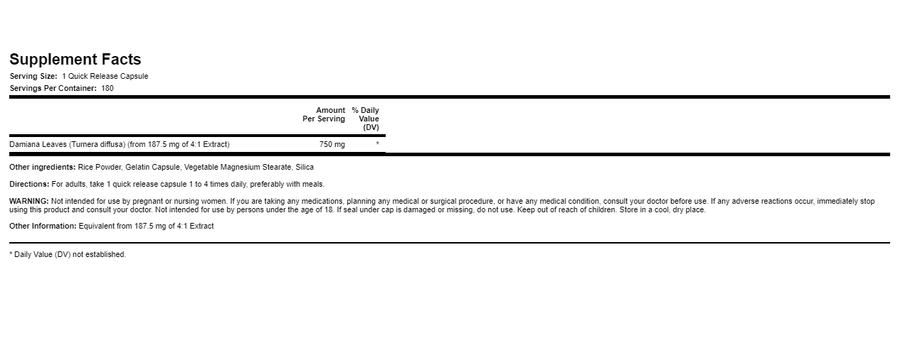 Damiana 750mg 180 Capsules Turnera diffusa