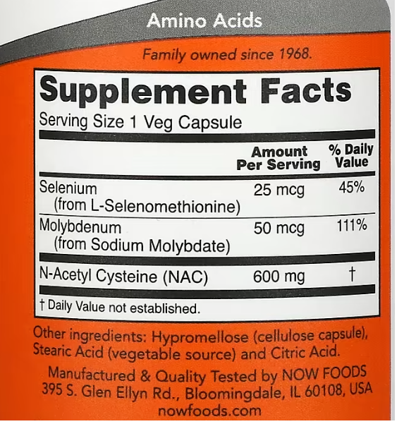 NOW FOODS NAC N-Acetyl Cysteine 600mg with Selenium 100 Caps Amino Acid