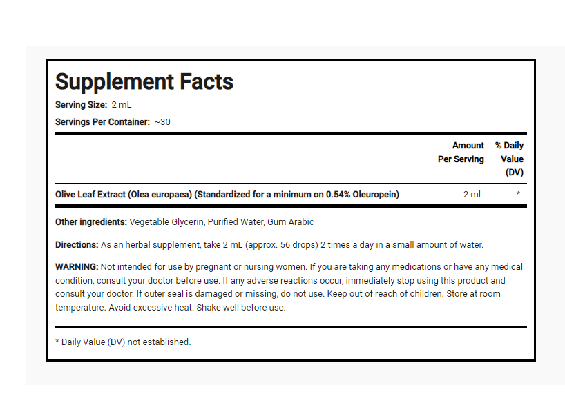 Liquid Olive Leaf Extrac 2000mg 2oz Alcohol and Sugar Free Oleuropein Herbal