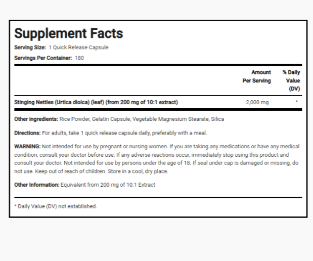 Stinging Nettles 2000mg 180 Capsules(Urtica dioica) (leaf)