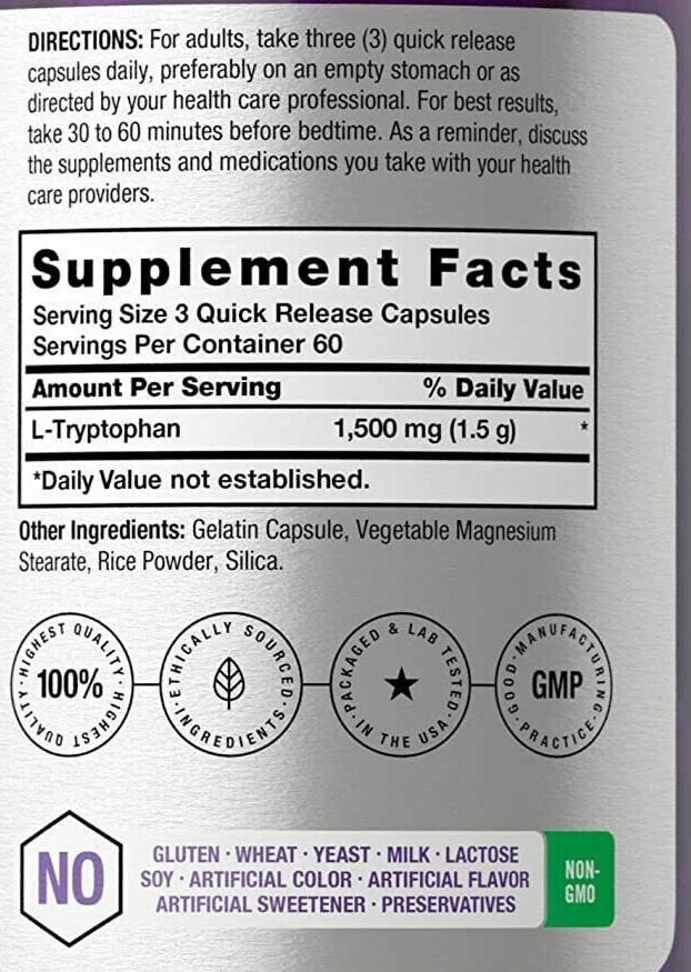 L Tryptophan 1500mg 180 Caps Extra Strength Non-GMO/No Gluten/No Soy